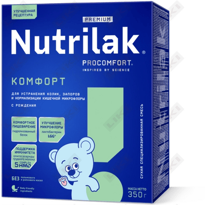 Aralash quruq sut Nutrilak Premium Procomfort tug'ilishdan boshlab Kolik, ich qotishi va ichak mikroflorasini normallashtirish uchun 350 g