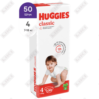 Подгузники Huggies Classic размер 4, 7-18 кг, 50 шт.