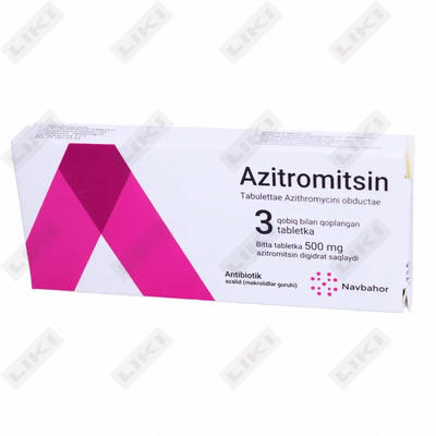 Azitromitsin (Azithromycin) Navbahor Sanoat qoplangan tabletkalar 250 mg №6 (1 blister)