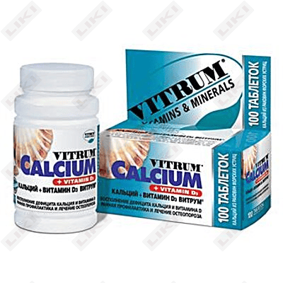 Vitrum Kalsiy + Vitamin D3 (Vitrum Calcium + Vitamin D3) plyonka bilan qoplangan planshetlar № 100 (flakon)