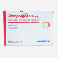 Glyukofaj (Glucofage) plyonka bilan qoplangan planshetlar 850 mg №60 (3 blister x 20 tabletka)