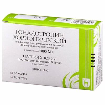 Chorionik gonadotropin (Gonadotrophin chorionic)) Moskva endokrin zavodi liyofilizati mushak ichiga yuborish uchun eritma uchun 1000 IU № 5 (flakon + erituvchi 1 ml)