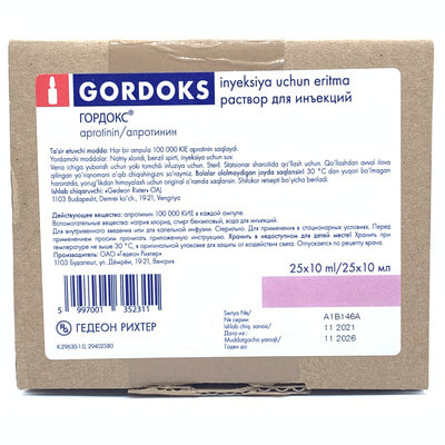 Gordoks (Gordox) in'ektsiya uchun eritma 100000 CIE / 10 ml №25 (ampulalar)