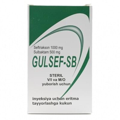 Gulcef-SB n'ektsiya uchun eritma uchun kukun 1000 mg / 500 mg (flakon)