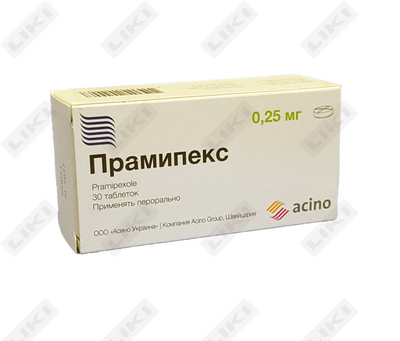 Pramipeks tabletkalari 0,25 mg №30 (3 blister х 10 tabletka)