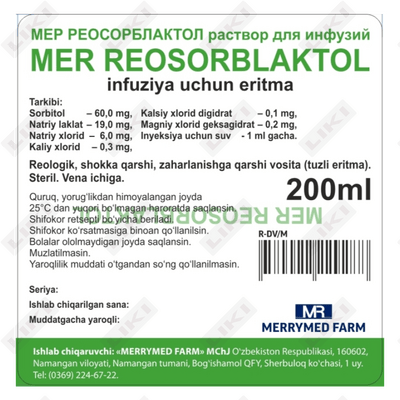 Mer Reosorbaktol 200 ml infuziyalar uchun eritma (shisha)