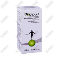 Og'iz orqali yuborish uchun suspenziya uchun Ekoklav kukuni 250 mg + 62,5 mg / 5 ml (flakon)
