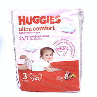 Tagliklar Huggies Ultra Comfort (Haggis Ultra Komfort) qizlar uchun o'lchami 3, 5-9 kg, 21 dona.