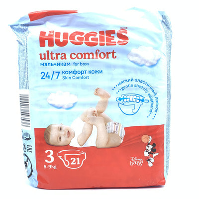 Tagliklar Huggies Ultra Comfort (Haggis Ultra Komfort), o`gil bolalar uchun o'lchami 3, 5-9 kg, 21 dona.