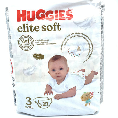 Tagliklar Huggies Elite Soft (Haggis Elite Soft) hajmi 3, 5-9 kg, 21 dona.