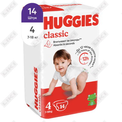 Tagliklar Huggies Classic (Haggis Klassik) hajmi 4, 7-18 kg, 14 dona.