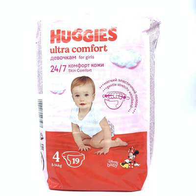 Подгузники Huggies Ultra Comfort для девочек размер 4, 8-14 кг, 19 шт.