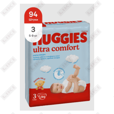 O'g'il bolalar uchun huggies Ultra Comfort tagliklari hajmi 3, 5-9 kg, 94 dona