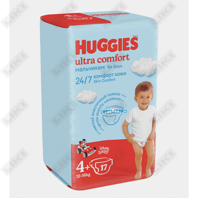 O'g'il bolalar uchun huggies Ultra Comfort tagliklari hajmi 4+, 10-16 kg, 17 dona