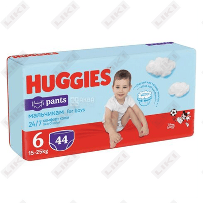 Huggies Pants 6 bolalar uchun shippaklar o'g'il bolalar uchun 15 dan 25 kg gacha 44 dona