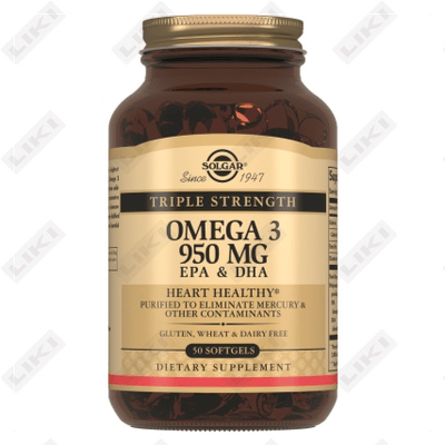 Solgar Omega-3 uch karra EPA va DHA kapsulalari 950 mg №50 (shisha)