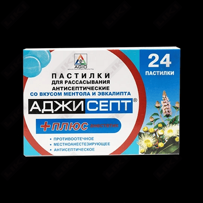Mentol va evkalipt aromati bilan ajisept Plus 24-sonli pastillalar (4 ta blister х 6 ta pastil)