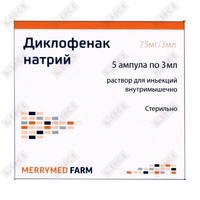Купить Диклофенак натрия Merrymed Farm раствор д/ин. 75 мг / 3 мл по 3 мл №5 (ампулы) Диклофенак натрия Merrymed Farm раствор д/ин. 75 мг / 3 мл по 3 мл №5 (ампулы)
