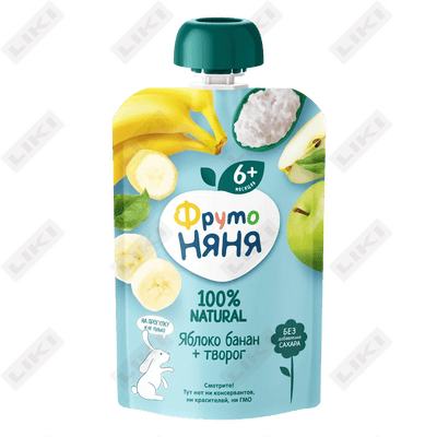 Meva pyuresi Frutonyan olma, banan, tvorog 6 oydan 90 g gacha