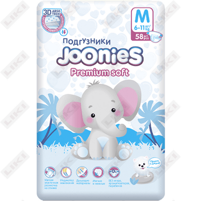 Подгузники Joonies Premium Soft размер M, 6-11 кг, 58 шт