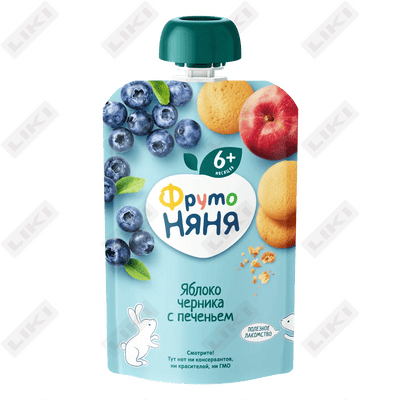 Meva pyuresi Frutonyan olma, pechene bilan ko'k 6 oydan 90 g gacha