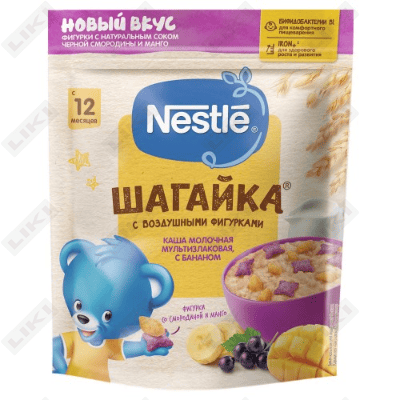 Каша молочная Nestle Шагайка Мультизлаковая с бананом и пшеничными фигурками с черной смородиной и манго с 12 месяцев 190 г