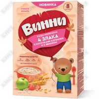 Купить Каша молочная детская Винни 4 злака с кусочками клубники и яблоком с 8 месяцев 200 г Каша молочная детская Винни 4 злака с кусочками клубники и яблоком с 8 месяцев 200 г